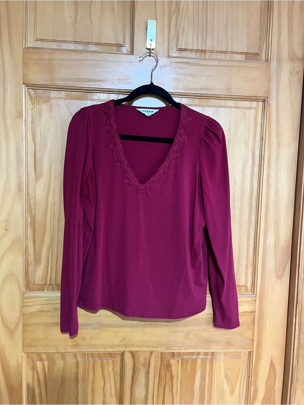Boden Deep Berry Lace-Trim V-Neck Long-Sleeve Top